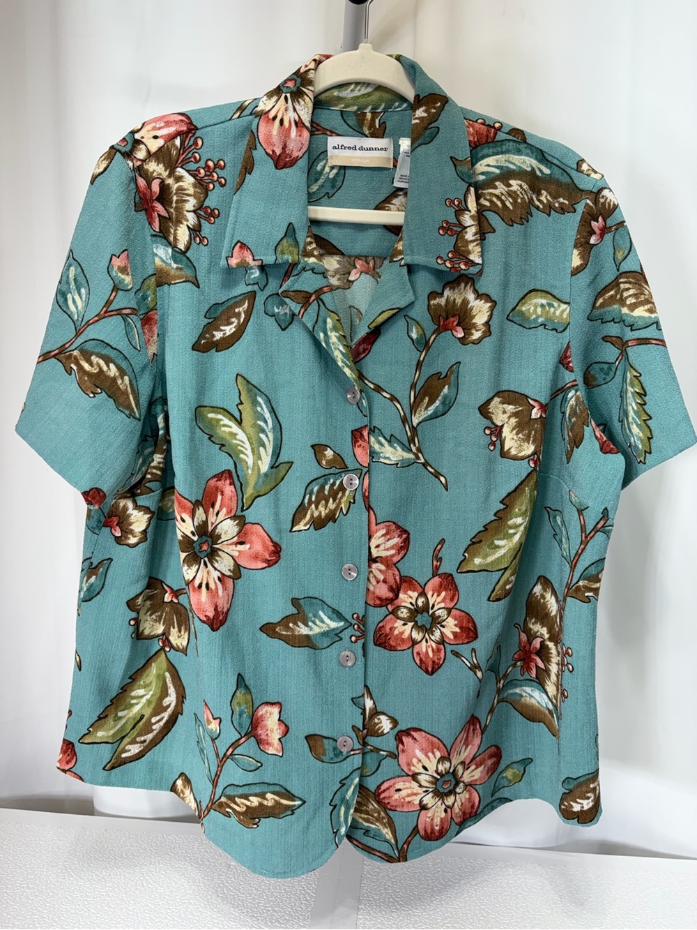 Alfred Dunner Teal Floral Short Sleeve Button-Front Shirt 4053